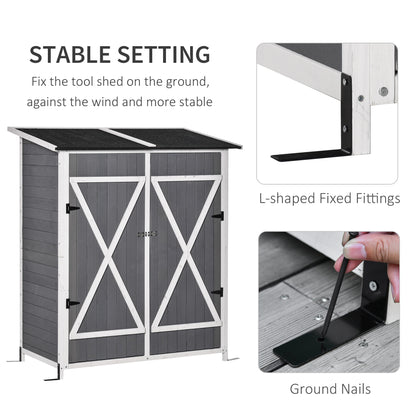 Garden Wood Storage Shed w/ Flexible Table, Hooks and Ground Nails, Multifunction Lockable Sheds Tool Organizer Dark Grey