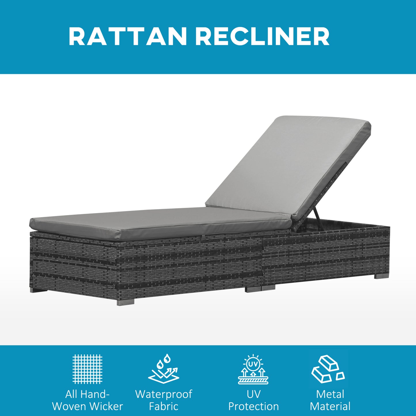 Rattan Sun Lounger Adjustable Garden Furniture Recliner Bed Chair Reclining Patio Wicker Grey