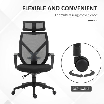 Back Support Chair for Home, Mesh, Ergonomic w/ Removable Headrest 5 Wheels Armrests Support 360° Swivel