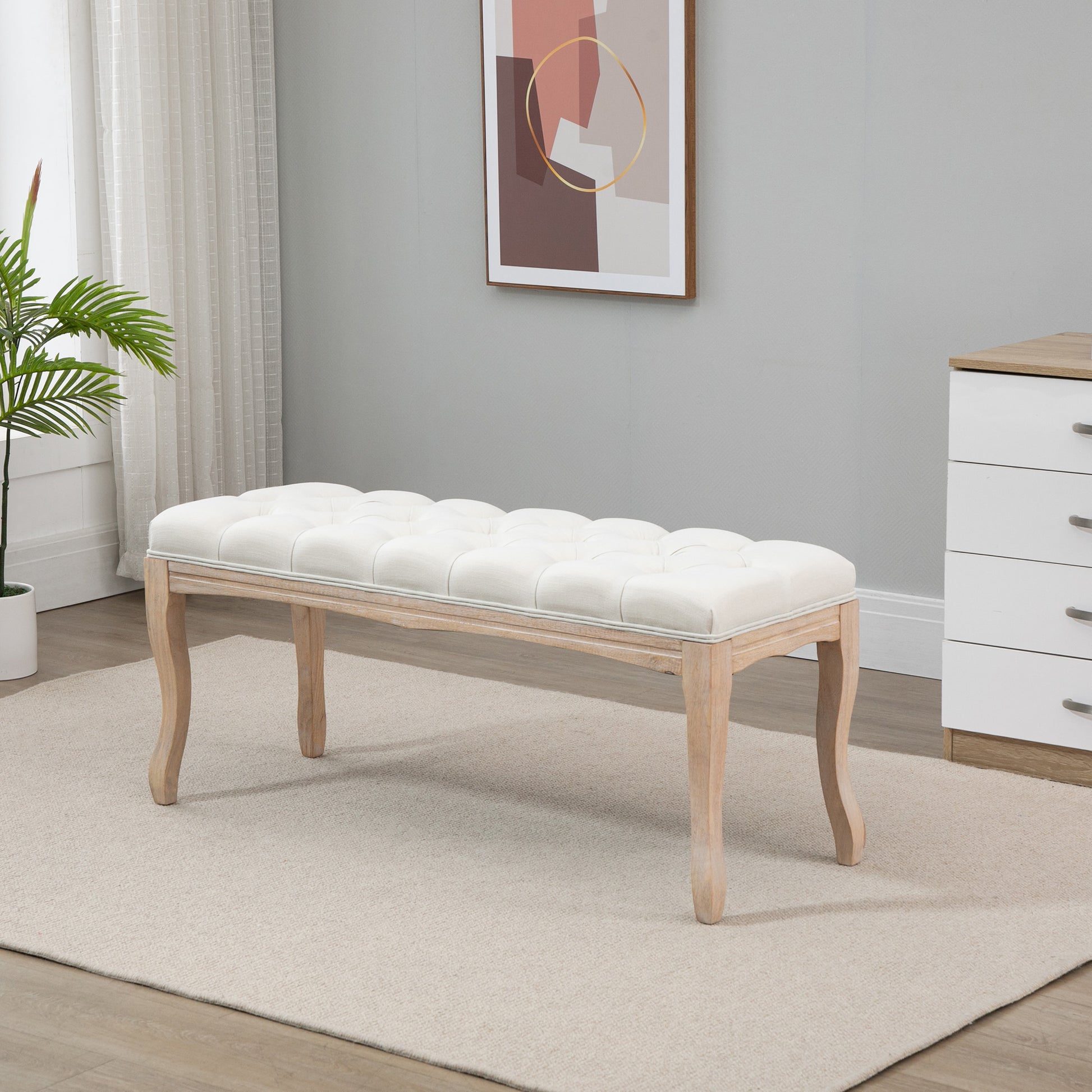 HOMCOM 43" Upholstered Entryway Bench, Linen Fabric Ottoman Stool with Button Tufted Seat, and Rubber Wood Legs for Living Room Beige 