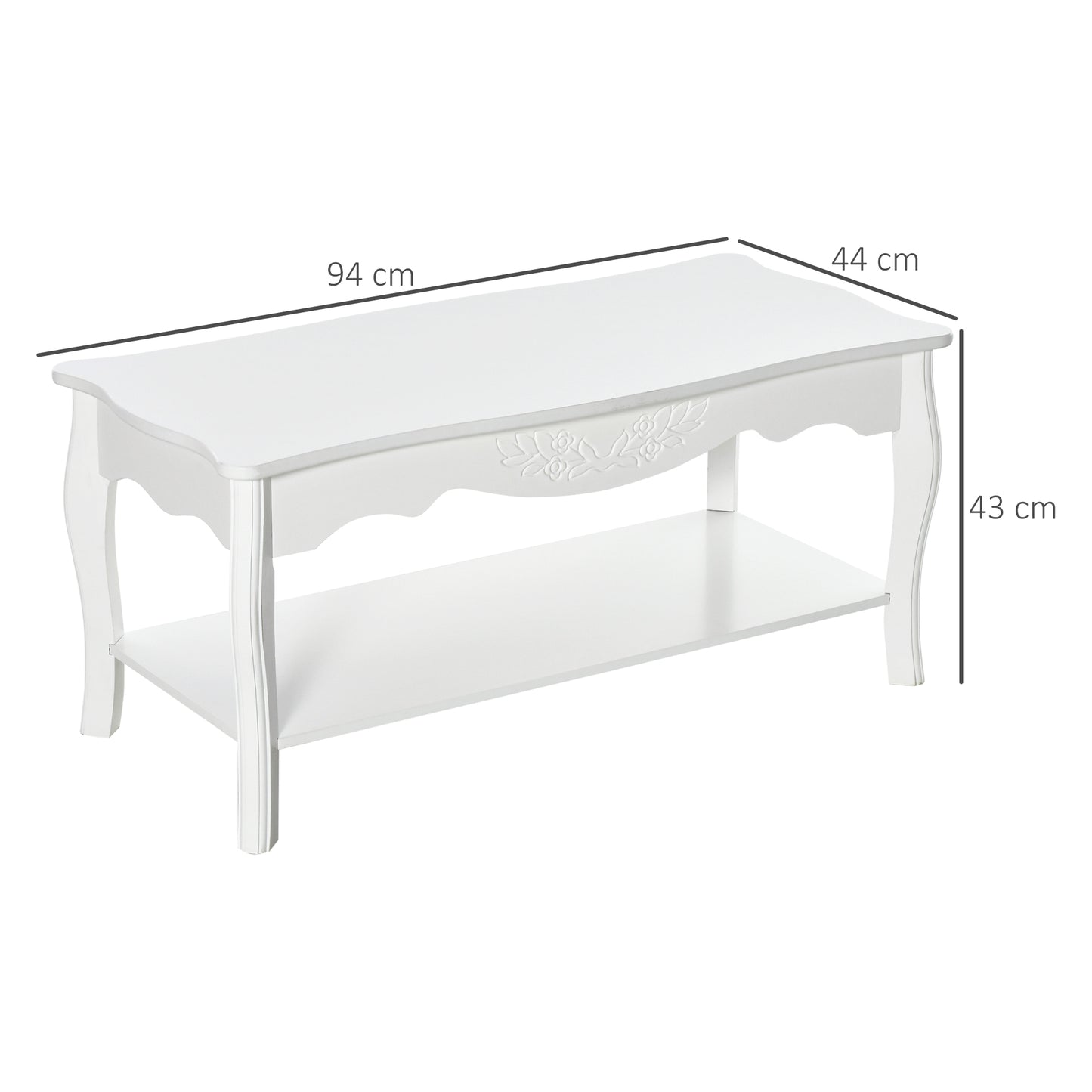 White Wood Coffee Table, 94Lx44Wx42H cm