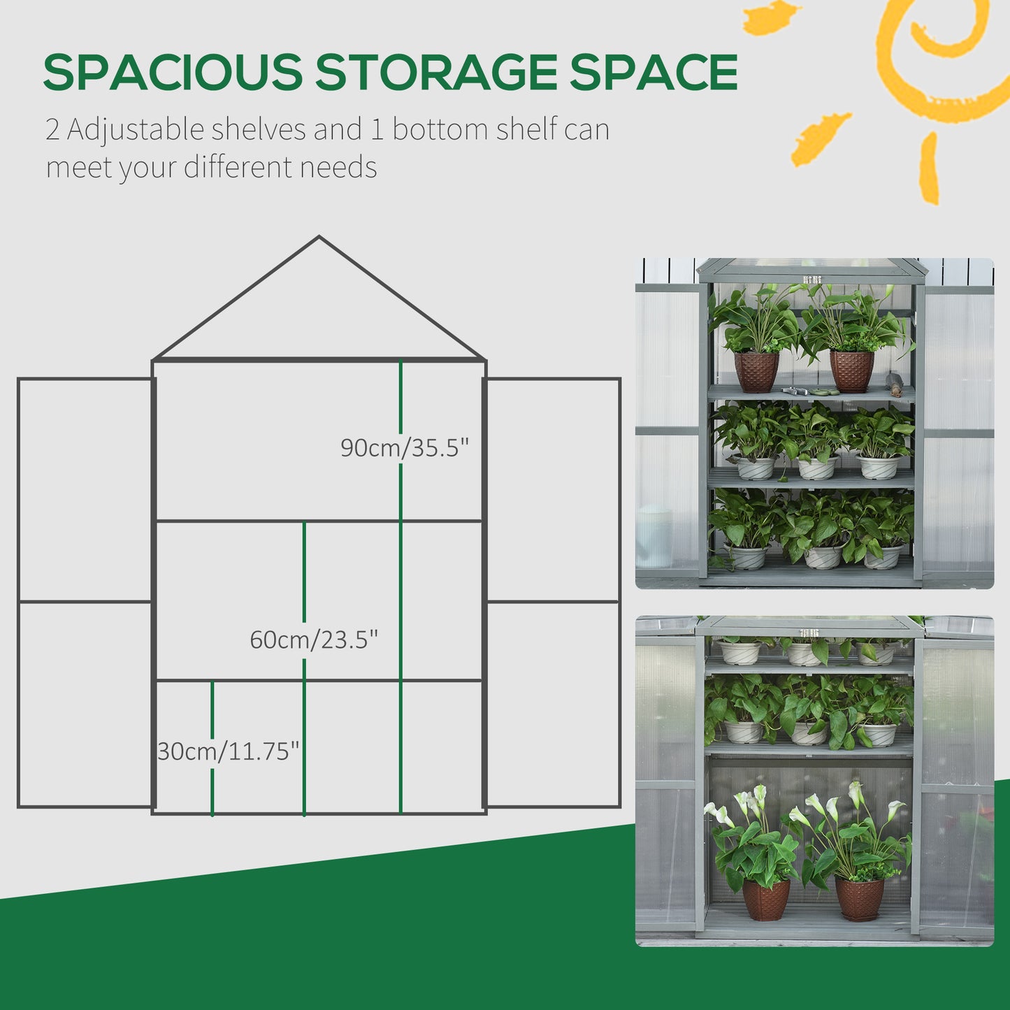 Garden Polycarbonate Cold Frame Greenhouse Grow House Flower Vegetable Plants w/ Adjustable Shelves, Double Doors Grey