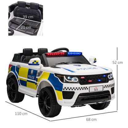 12V Kids Portable Electric Ride On Police Car with Parental Remote Control Siren Flashing Lights USB Bluetooth White