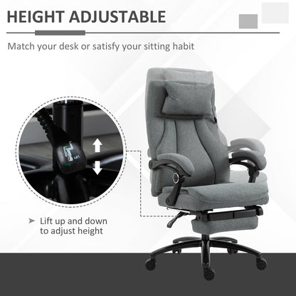 Office Chair with Footrest, Two-Point Massage Pillow, 130° Reclining, Linen, Adjustable Height, Grey