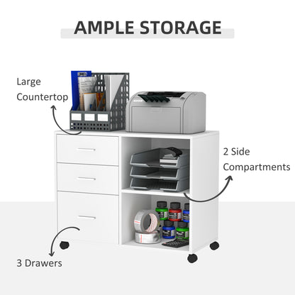 Printer Table, with Wheels, 3 Drawers, Particle Board, White