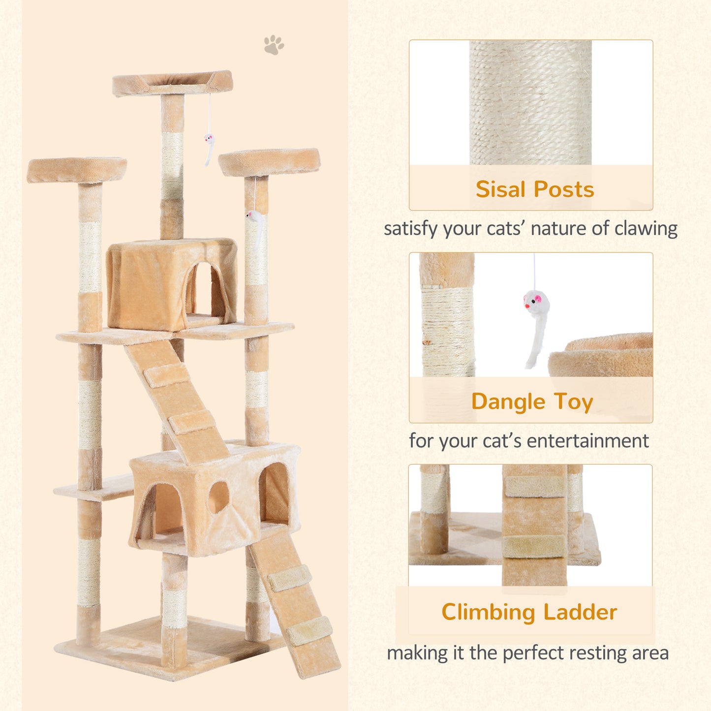 170cm Cat Tree Cat Tower Scratching Post Portable Climbing Tree Activity Center Cream