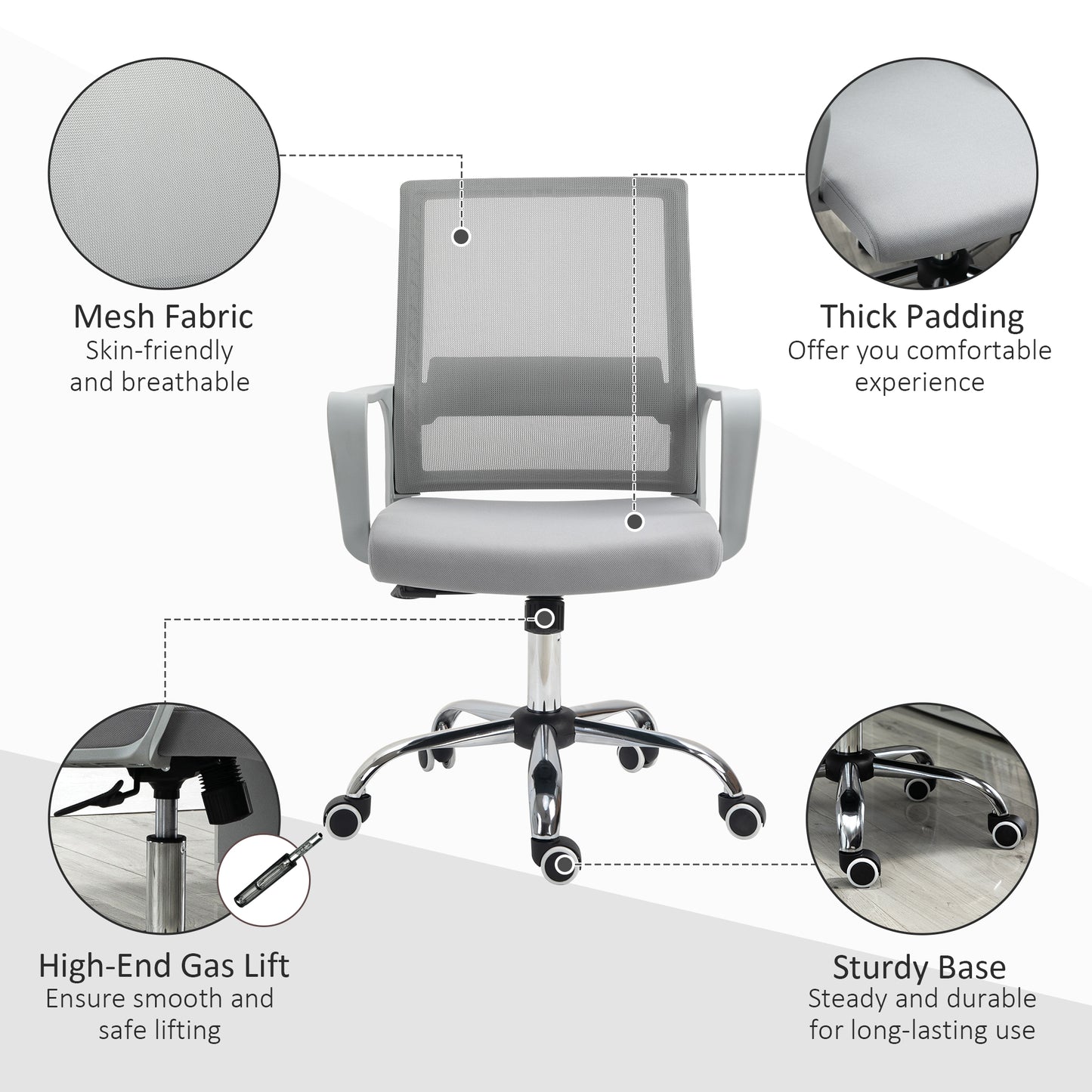 Ergonomic Desk Chair Mesh Office Chair with Adjustable Height Armrest and 360° Swivel Castor Wheels Grey  Aosom Irealnd