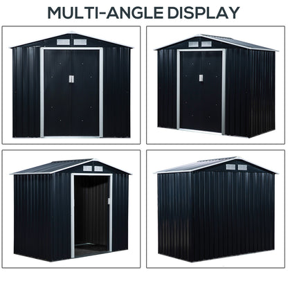 Outdoor Storage Shed, 7ft x 4ft, Large Patio Roofed Tool Metal Storage Building Foundation Sheds Box Outdoor Furniture