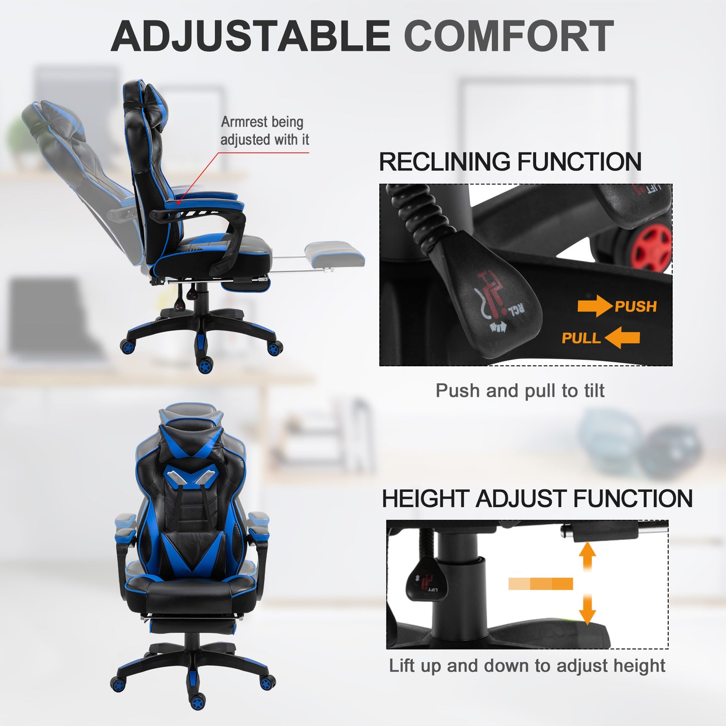 Ergonomic Racing Gaming Chair Office Desk Chair Adjustable Height Recliner, Blue