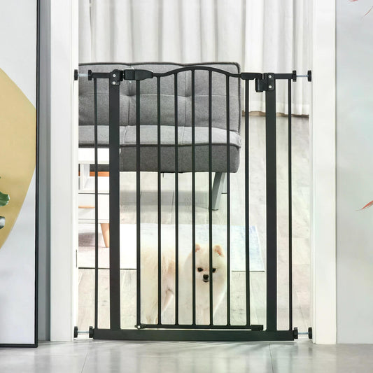 PawHut  Dog Safety Gate Indoor, 74-84cm Adjustable Metal Pet Gate w/ Auto-Close Door Double Locking Easy-Open Doors Stairs Black