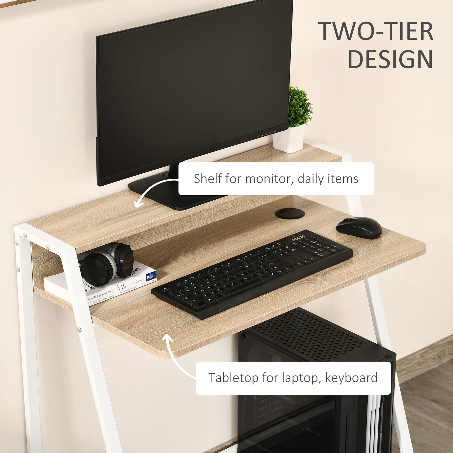 Homcom Writing Desk Computer Table Home Office Pc Laptop Workstation Storage Shelf  Office Desk Study Desks Work From Home-White & Oak