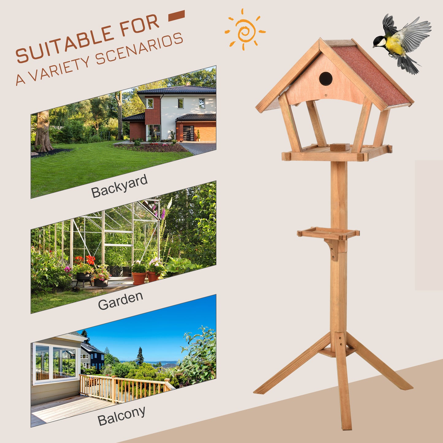 Bird Feeder Stand, Bird Table, Bird Feeding Station, Wooden, Freestanding for Garden Backyard Outside Decorative Pre-cut Natural