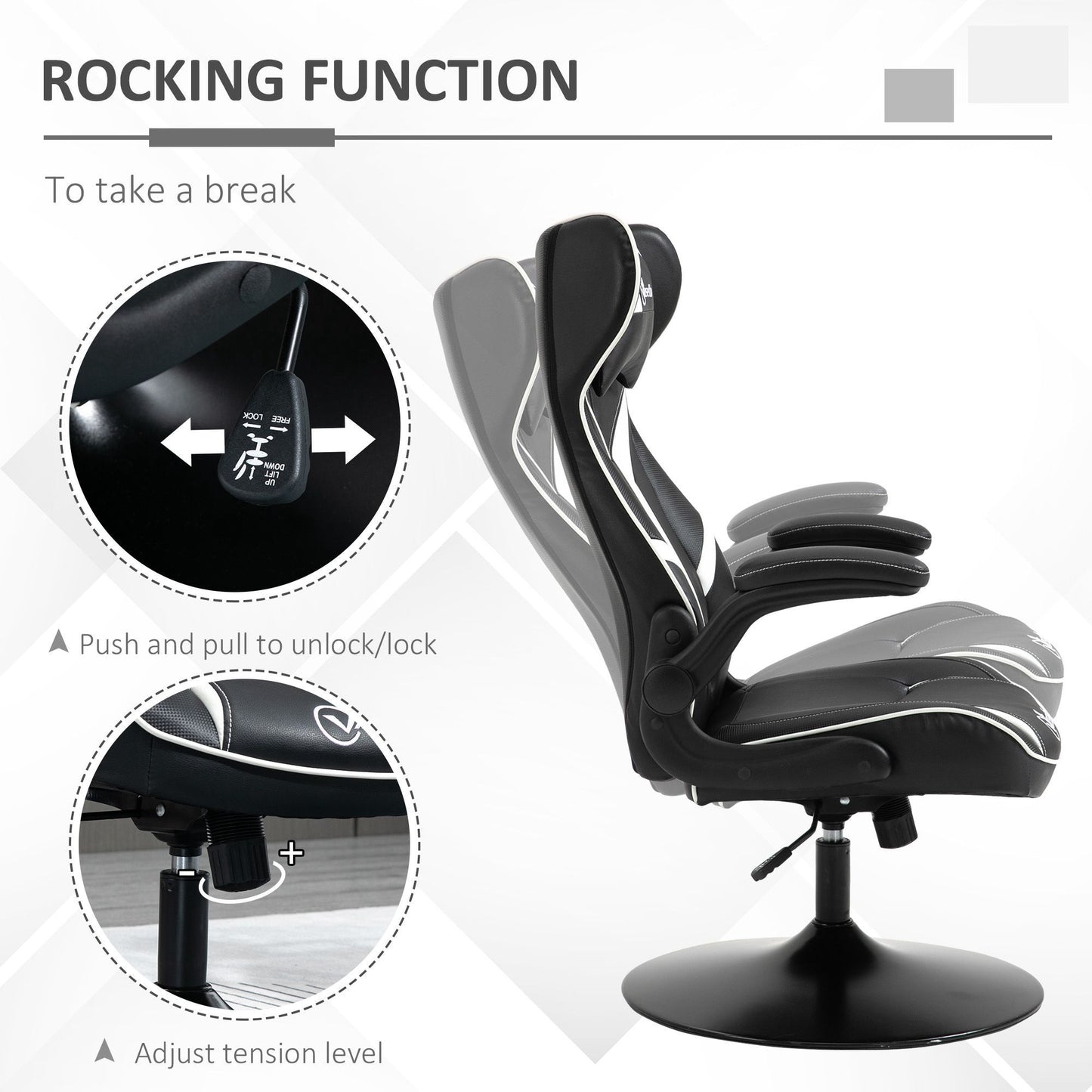 Comfy Gaming Chair, with Flip-up Armrests, 360° Swivel Base, Headrest, White