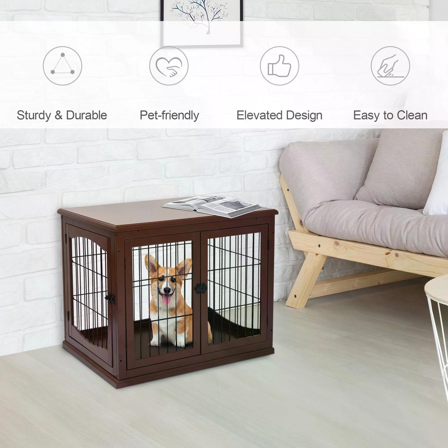 Small Dog Wooden Crate, 66cm Indoor w/ Metal Wire 3 Doors Latches Base Brown