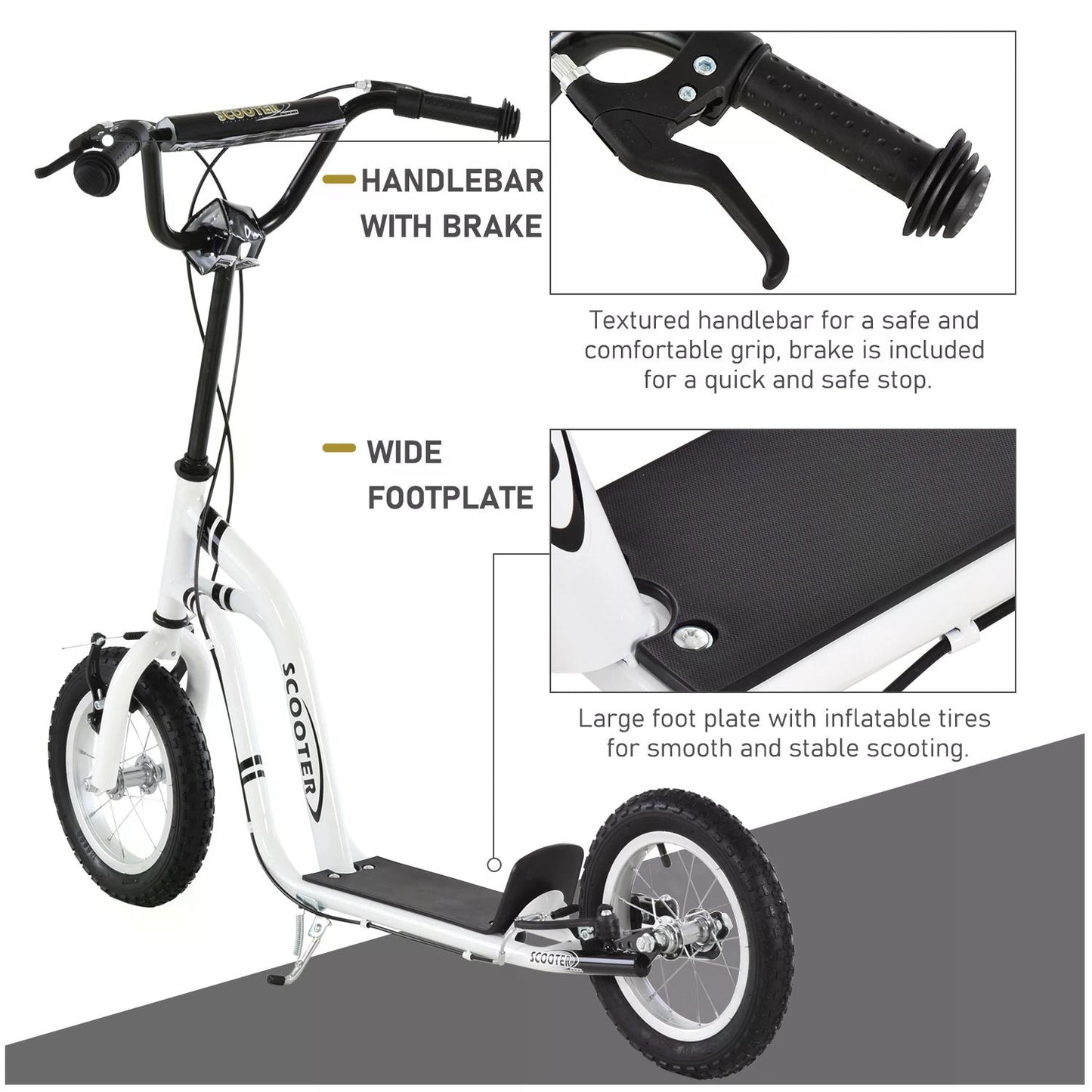 Big Wheel Scooter, Bicycle Scooter, Kick Scooter for Kids, Front and Rear Caliper Dual Brakes 12-Inch Inflatable Front Wheel