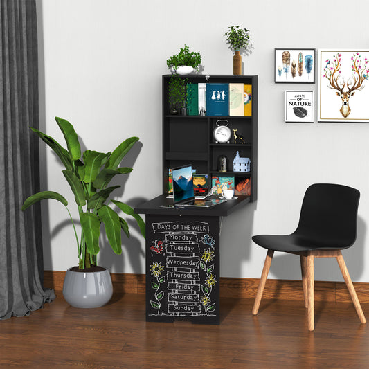 HOMCOM Folding Wall-Mounted Drop-Leaf Table With Chalkboard Shelf Multifunction Black