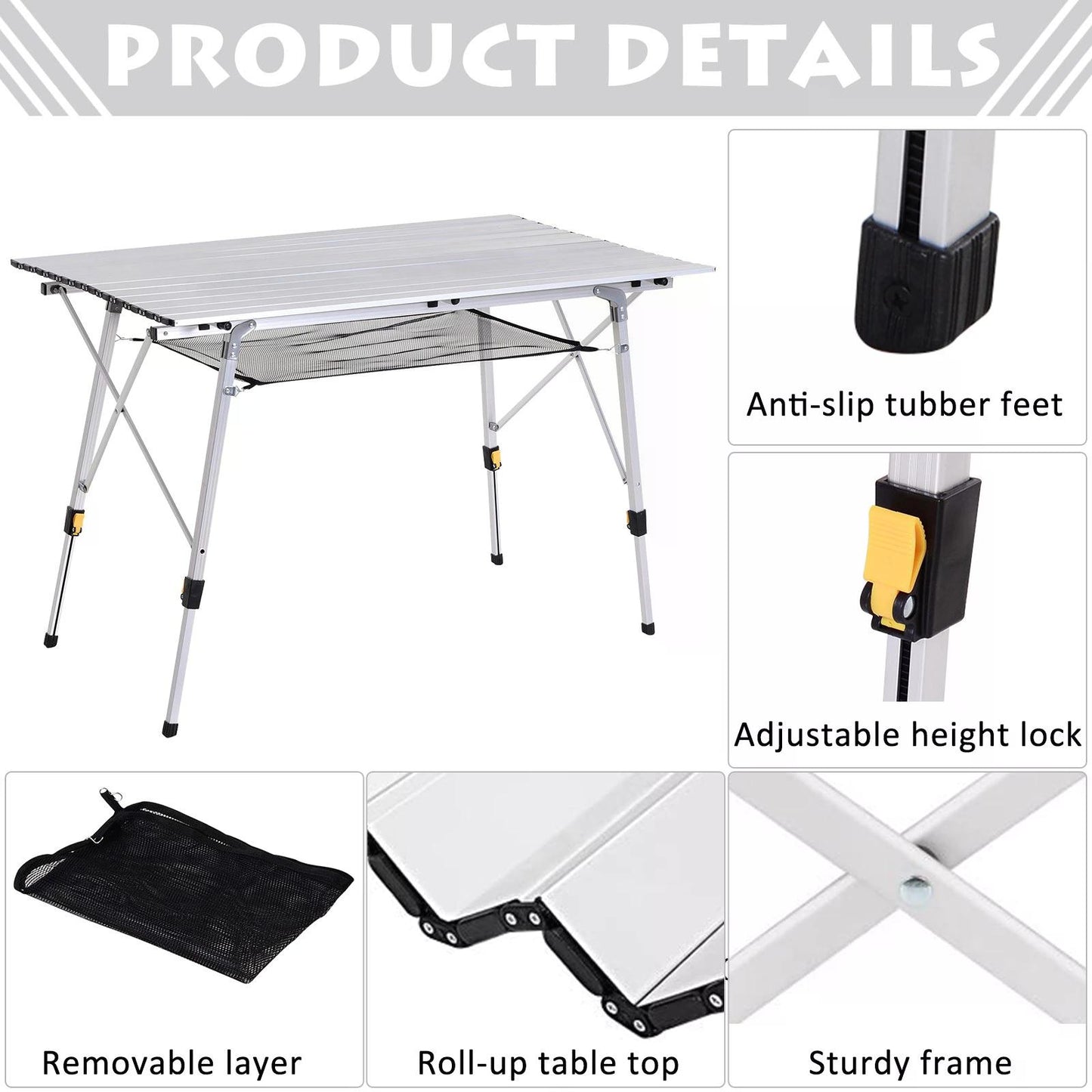 Aluminium Portable Outdoor BBQ Picnic Table w/ Mesh Tier Silver