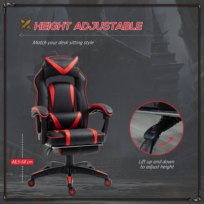 Reclining Gaming Chair with Footrest, Ergonomic, PU Leather Executive Swivel Chair with Headrest, Red and Black