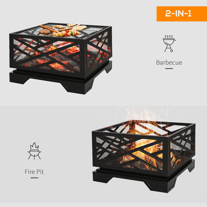 Patio Fire Pit, 66cm 2 in 1 Square Metal Brazier for Garden, with BBQ Grill Shelf & Spark Screen Cover & Poker, Black