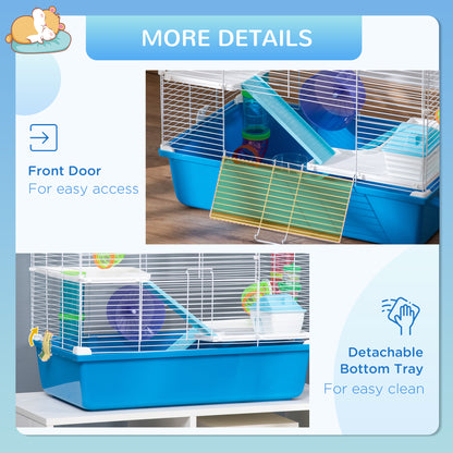 Plastic Hamster Cage, with Tubes Tunnel Three-Level Rodent House with Exercise Wheel, Water Bottle, 59 x 36 x 47 cm- Blue