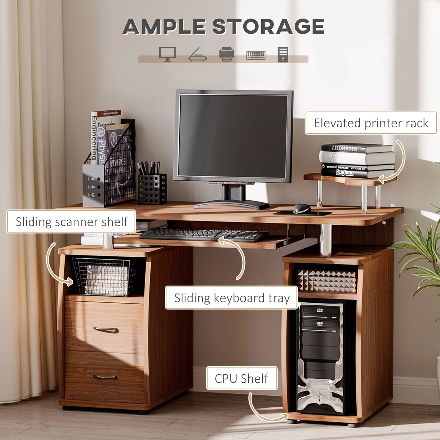 Computer Office Desk PC Table Workstation with  Keyboard Tray, CPU Shelf, Drawers, Sliding Scanner Shelf, Walnut Brown