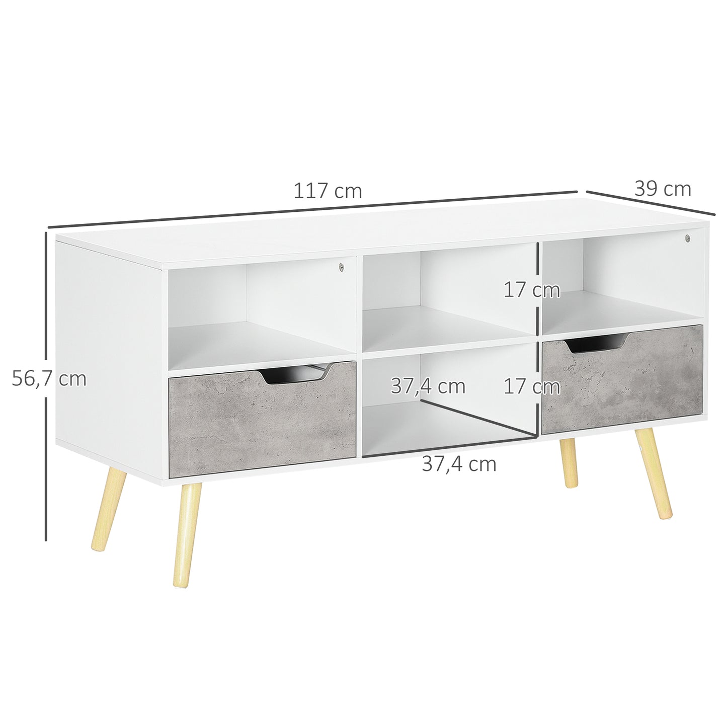 Television Shelf, with 2 Drawers, 4 Open Compartments, Cable Management for 50" TVs for Living Room, Light Grey