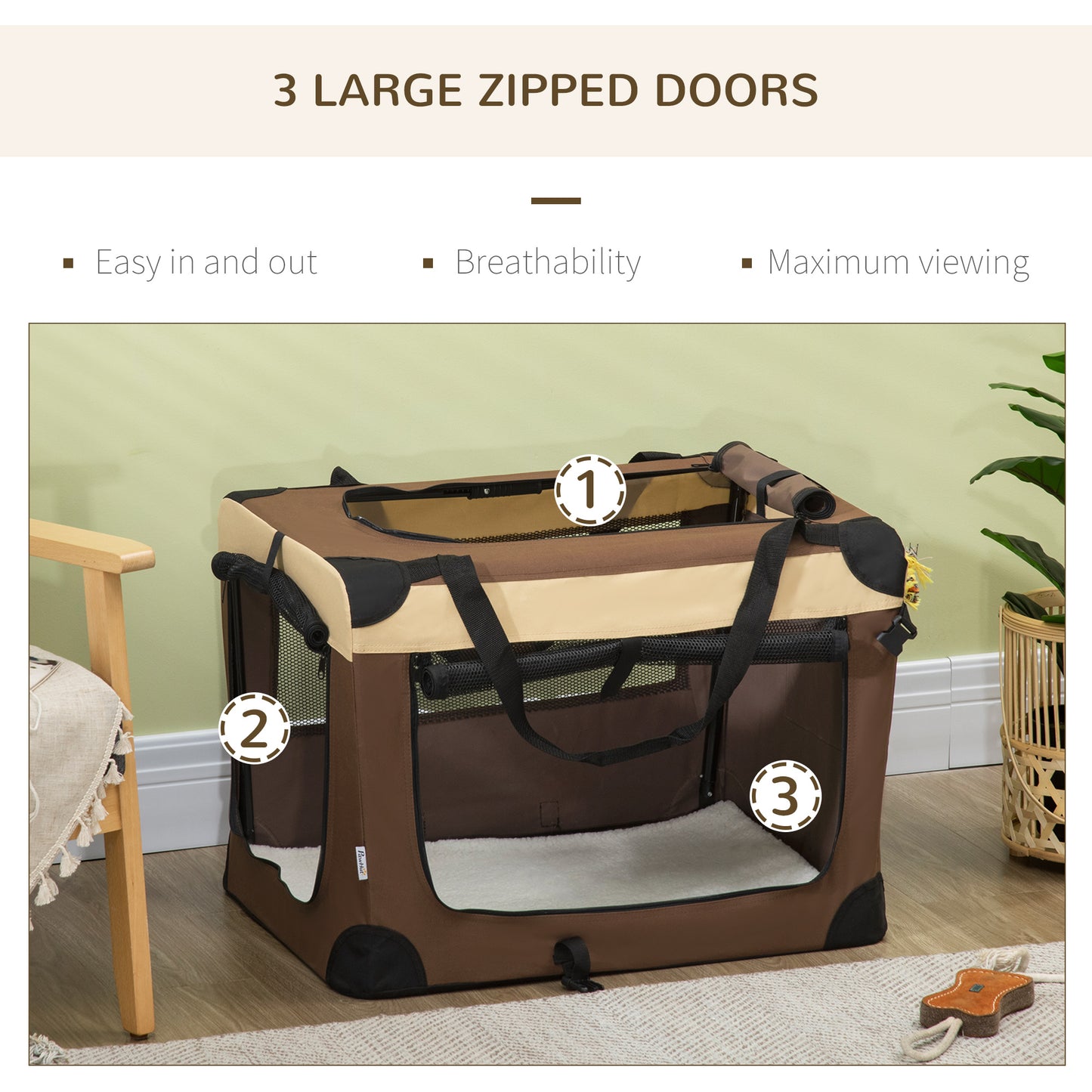 Cat Carrier, Dog Carrier, Dog Travel Crate, Folding, with Soft Cushion Mesh Window Fabric 70Lx51Wx50Hcm - Brown