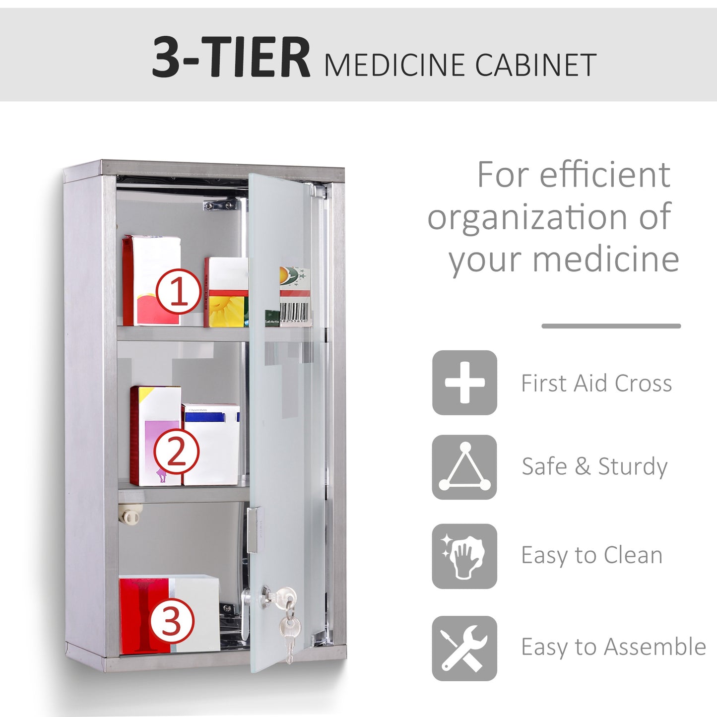 Medicine Cabinet, Stainless Steel, Wall Mounted,  2 Shelves-Silver