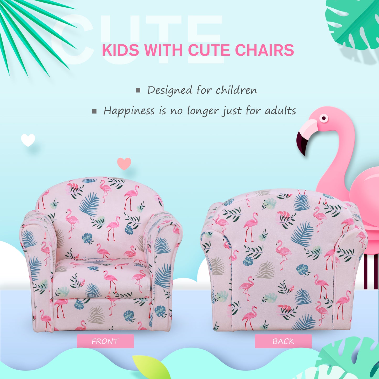 Childrens Armchair, Made of Polyester Very Comfortable  Flamingo and Safe Non-Slip Feet Suitable