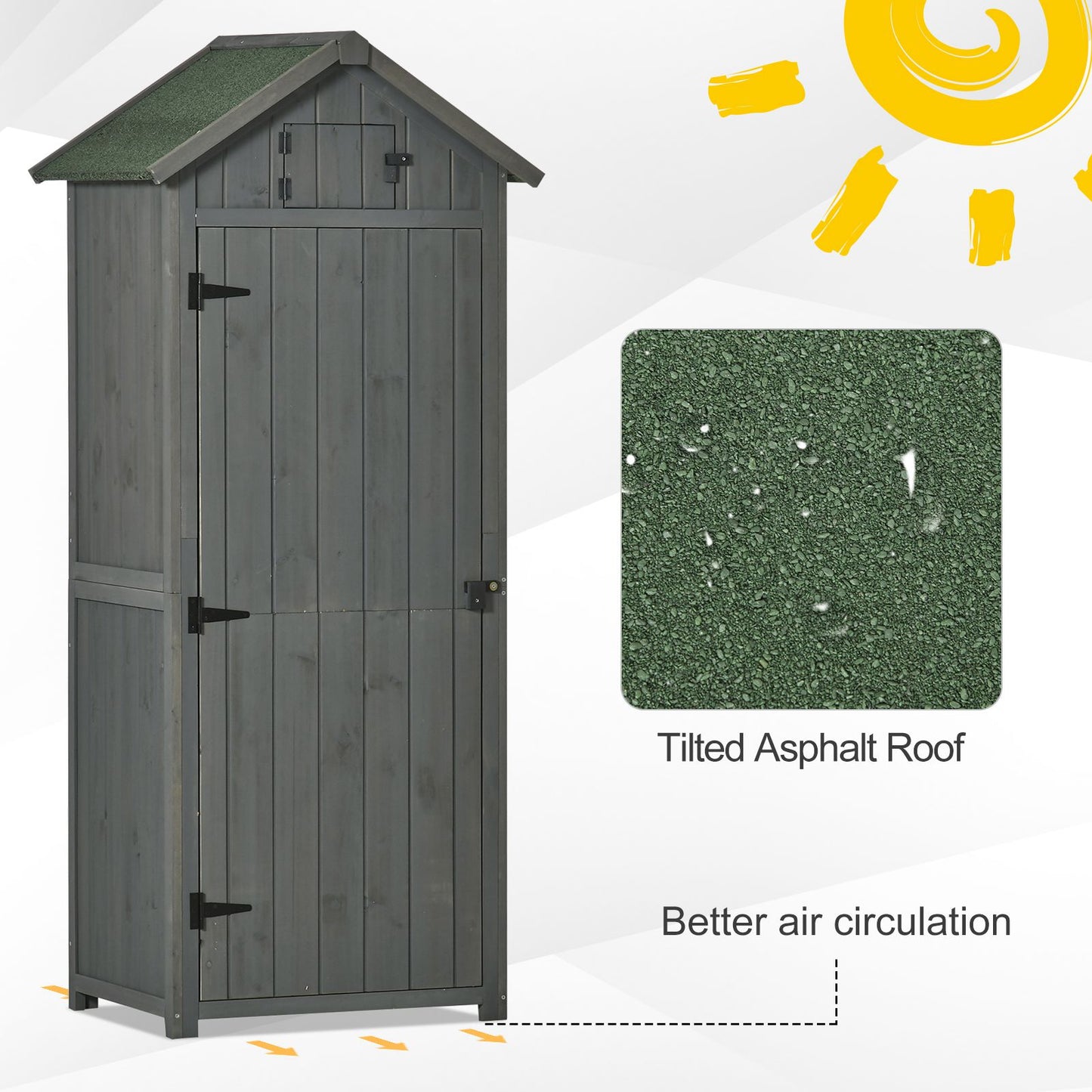 Wooden Garden Shed, Garden Tool Storage, Vertical Utility, 3 Shelves, Lockable, Asphalt Roof, Outdoor, 77 x 54.2 x 179cm Grey