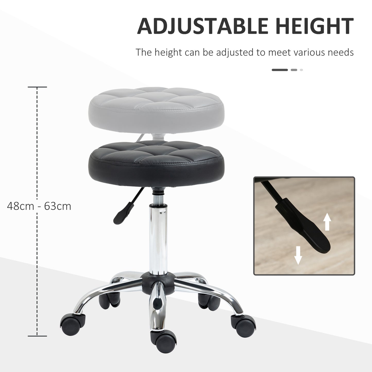 Beauty Stool, with Wheels, Salon Stool, Height Adjustable with PU Leather for Hairdressing, Spa, Black