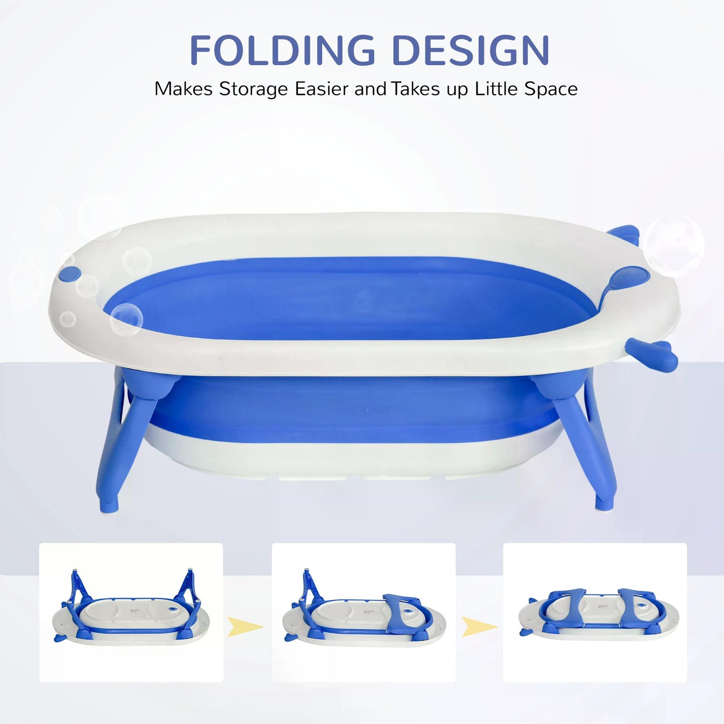 Collapsible Baby Bath Tub Foldable Ergonomic w/ Cushion Temperature Sensitive Water Plug Non-Slip Support Leg Portable Blue