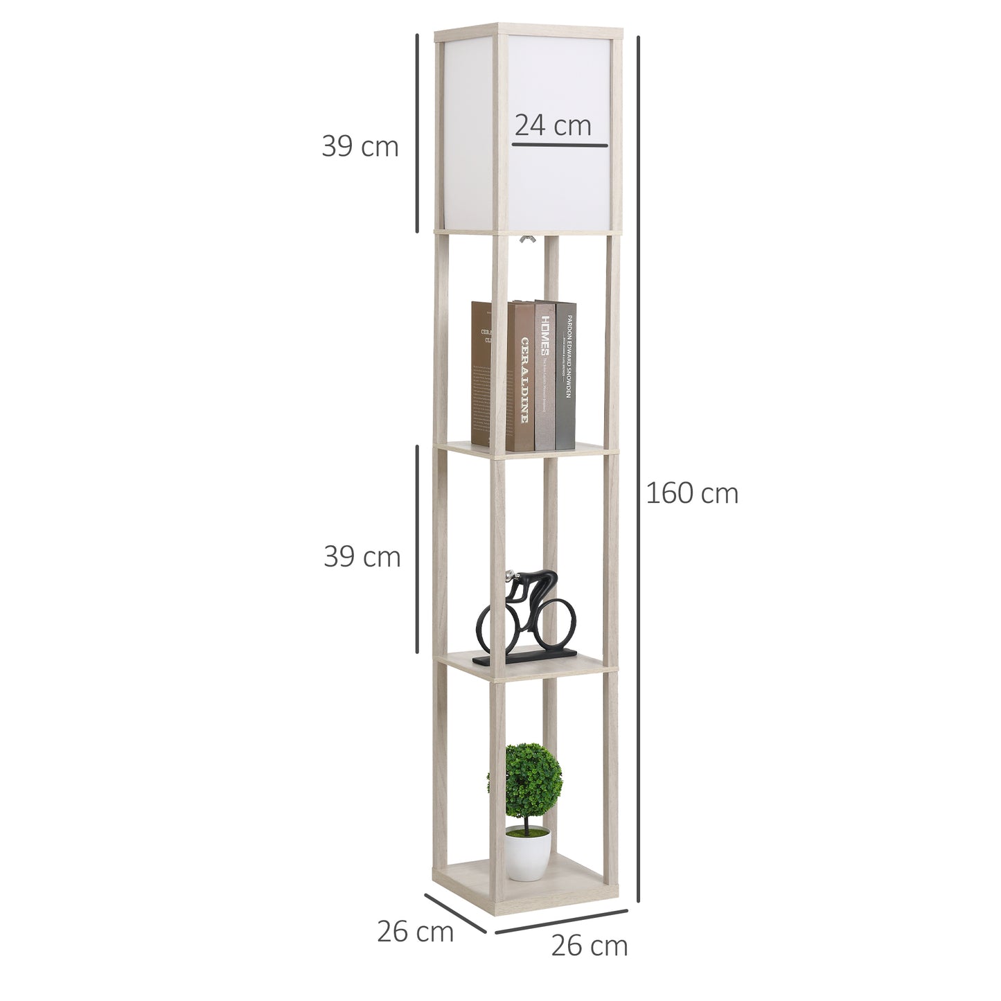 4-Tier Floor Lamp, Floor Light with Storage Shelf, Reading Standing Lamp-White and Oak