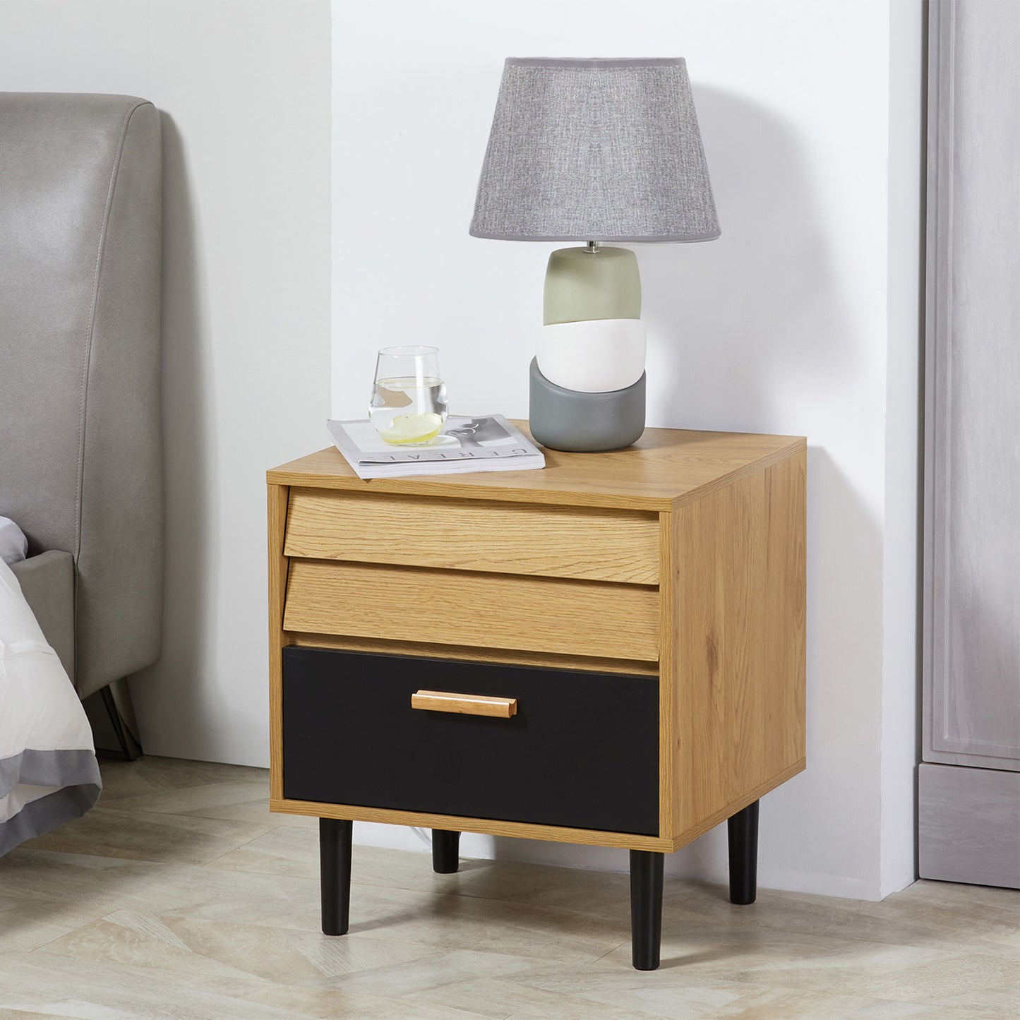 HOMCOM Black Wood Bedside Table, with 2 Drawers Nordic Style for Bedroom Living Room 