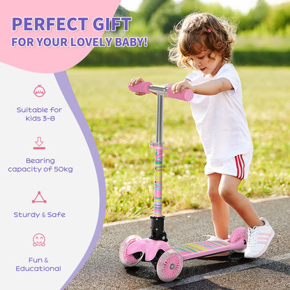 Toddler Scooter, 3 Wheel Scooter, Foldable Adjustable Height LED Flashing Wheels for Boys&Girls 3-8 Years Pink