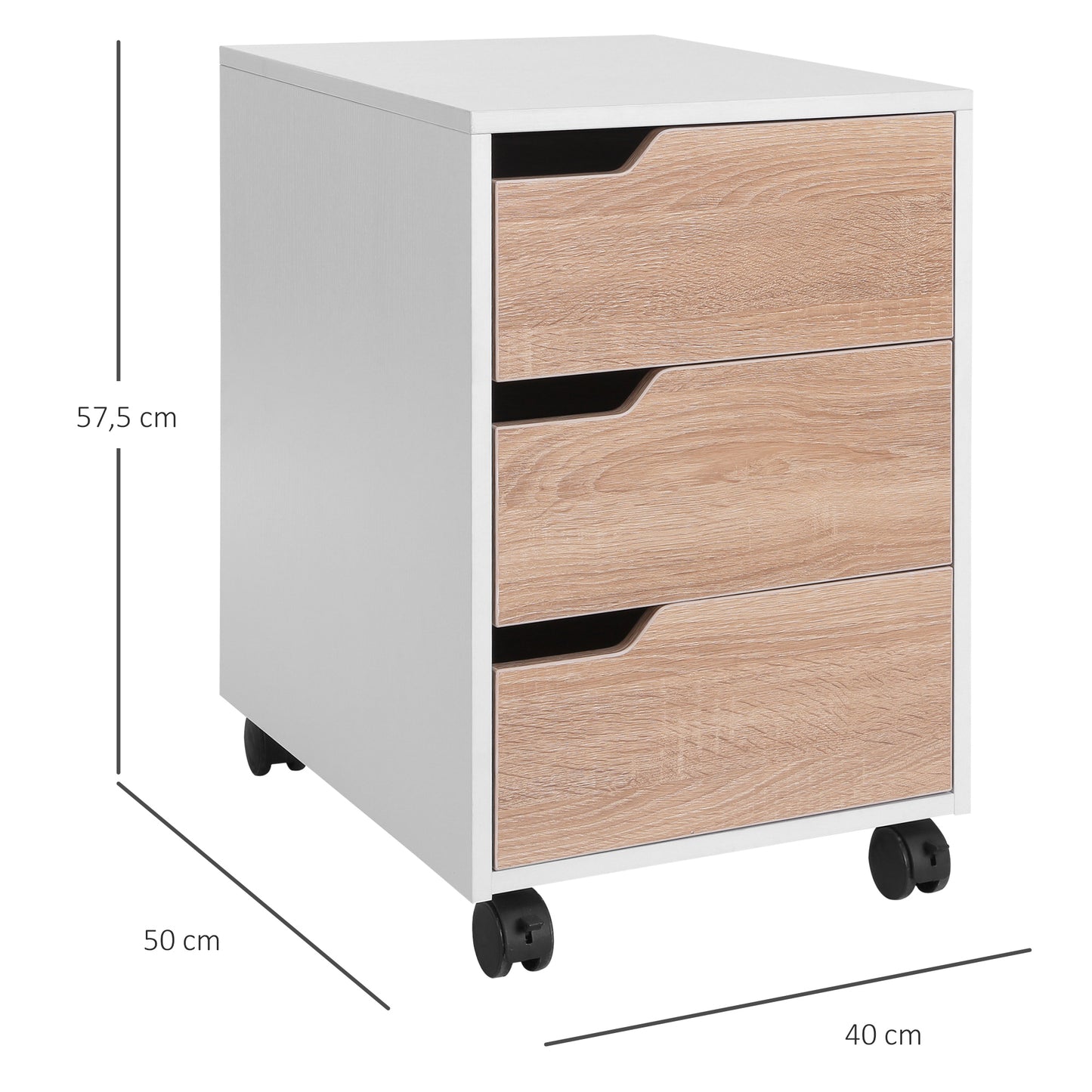 3 Drawer File Cabinet, Mobile, Lockable, MDF-Oak/White Colour