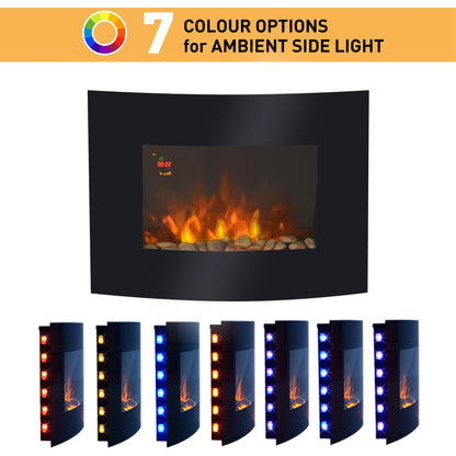 LED Curved Glass Electric Fireplace Heater Wall Mounted Fire Place, 900/1800W