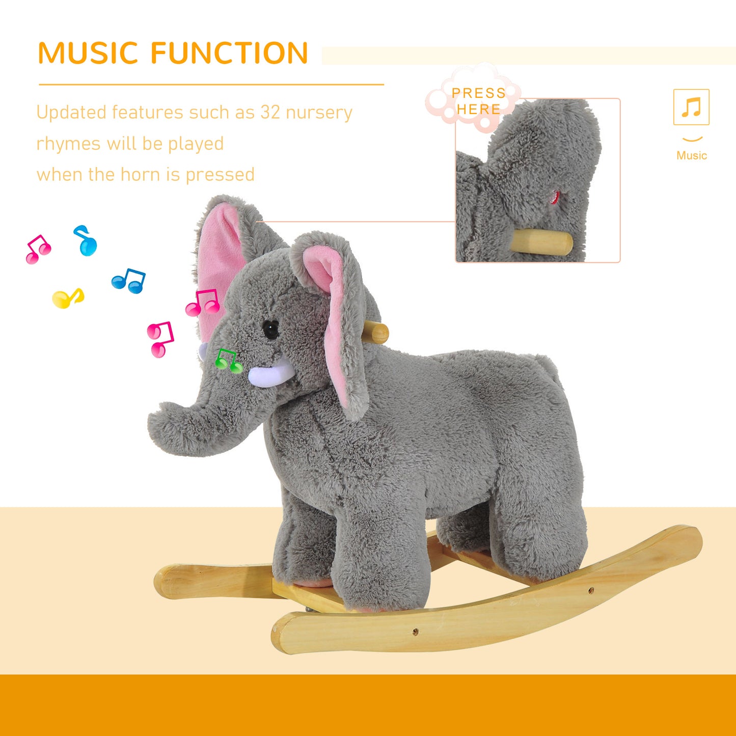 Elephant Rocking, Animal Rocker Wooden Kids Plush Ride On Elephant-Grey