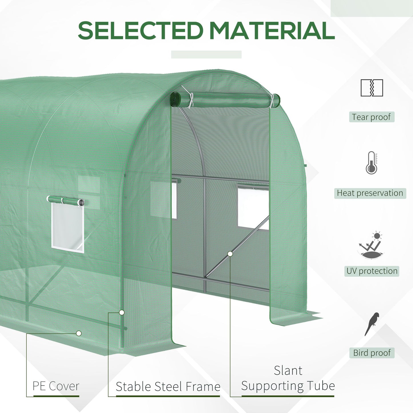 Polytunnel, 3.5 x 2 x 2 m, with Steel Frame, PE Cover, Roll Up Door and 6 Windows, Green