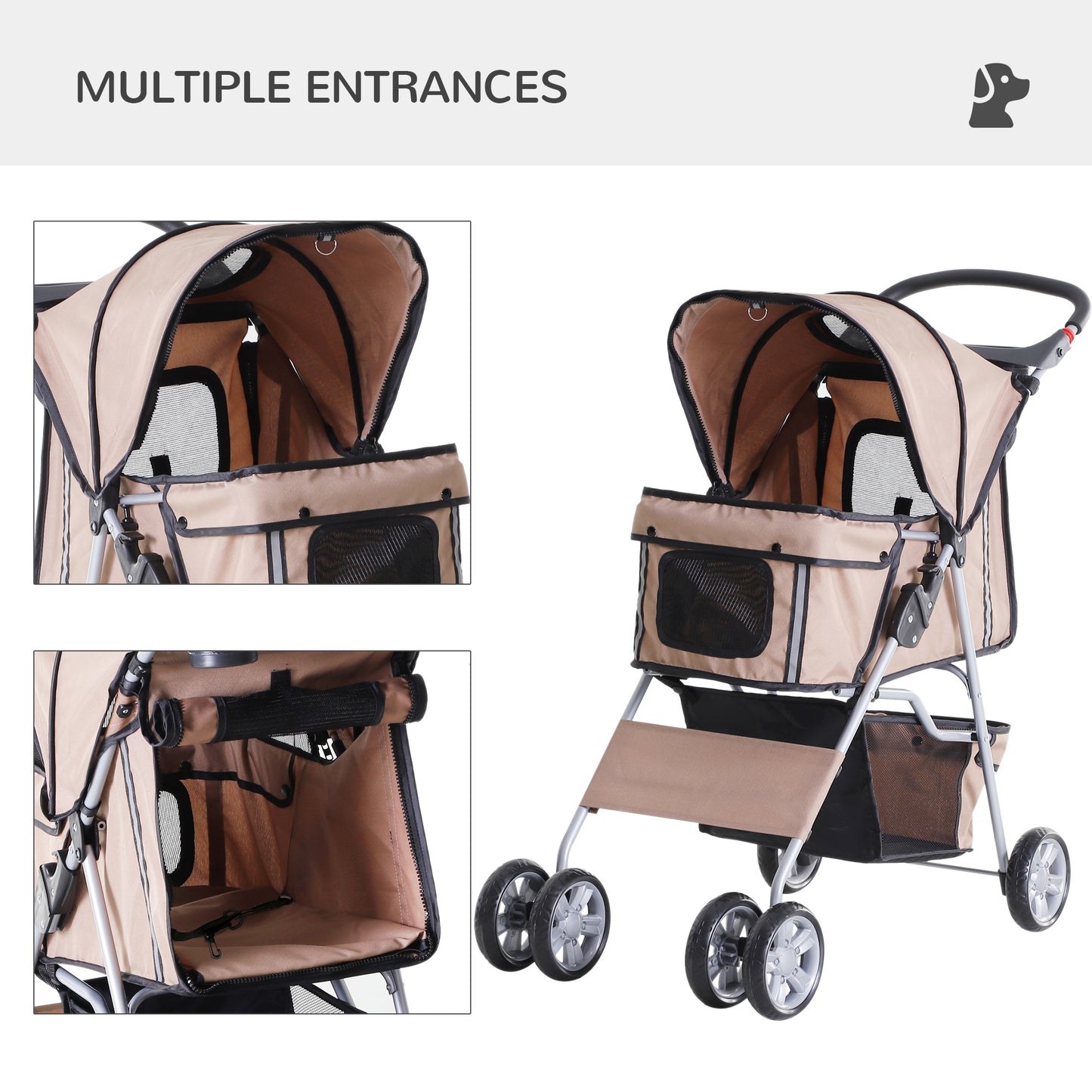 Cat Stroller, Pram, Pushchair, Foldable, Zipper Entry Cup Holder Carrier Cart Wheels-Brown/Silver