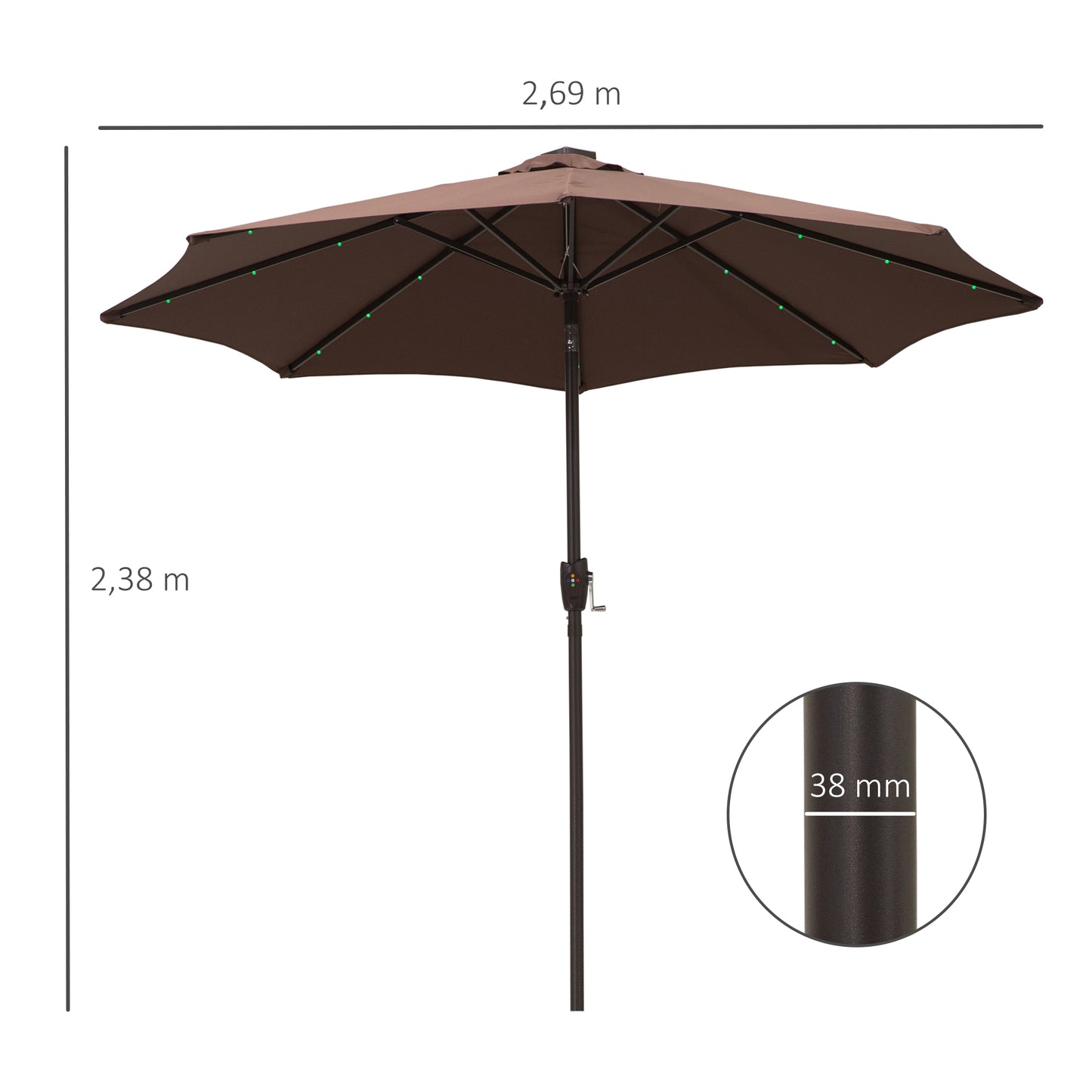 Φ2.7m Garden 24 LED Light Parasol Solar Outdoor Tilt Sun Umbrella Patio Club Party Event Manual Sun Shade w/Hand Crank 8 Ribs Brown/Coffee