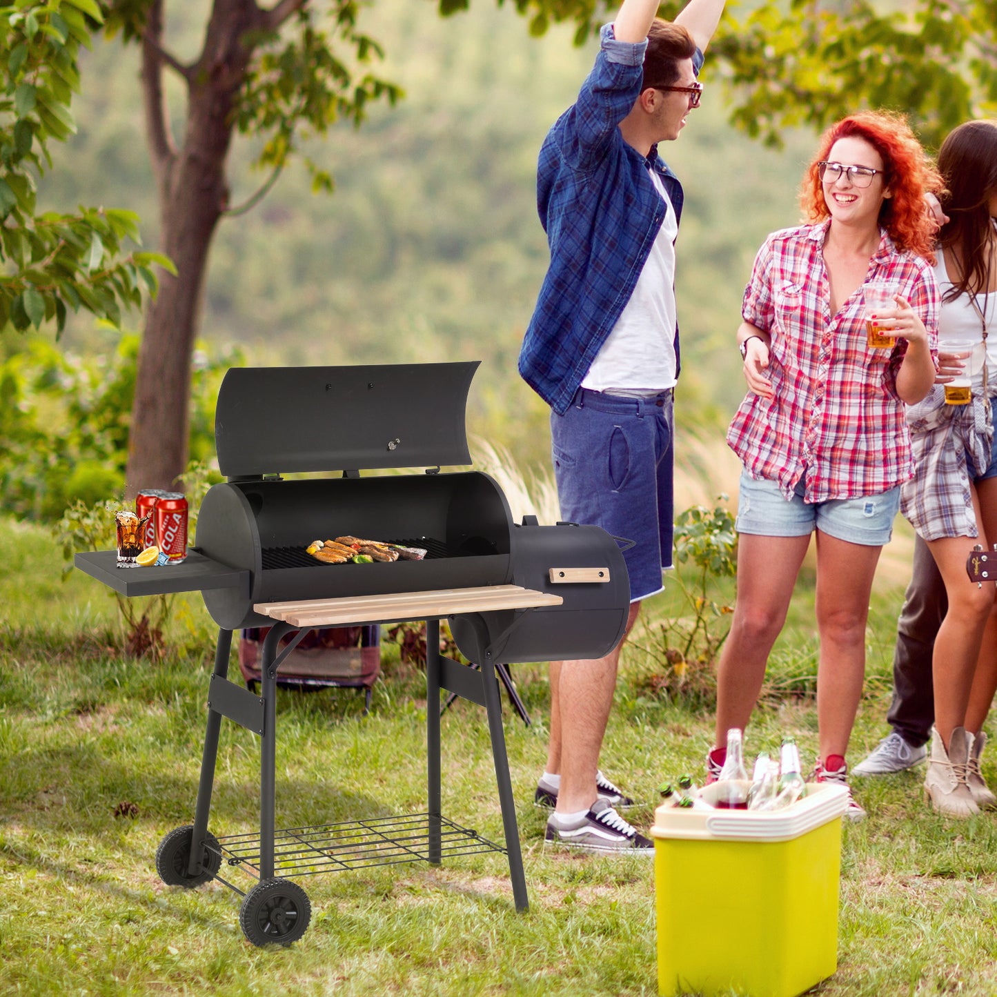 Outsunny Portable Charcoal BBQ Grill, Cold-rolled Steel, Solid Wood, 124Lx53Wx108H cm-Black 