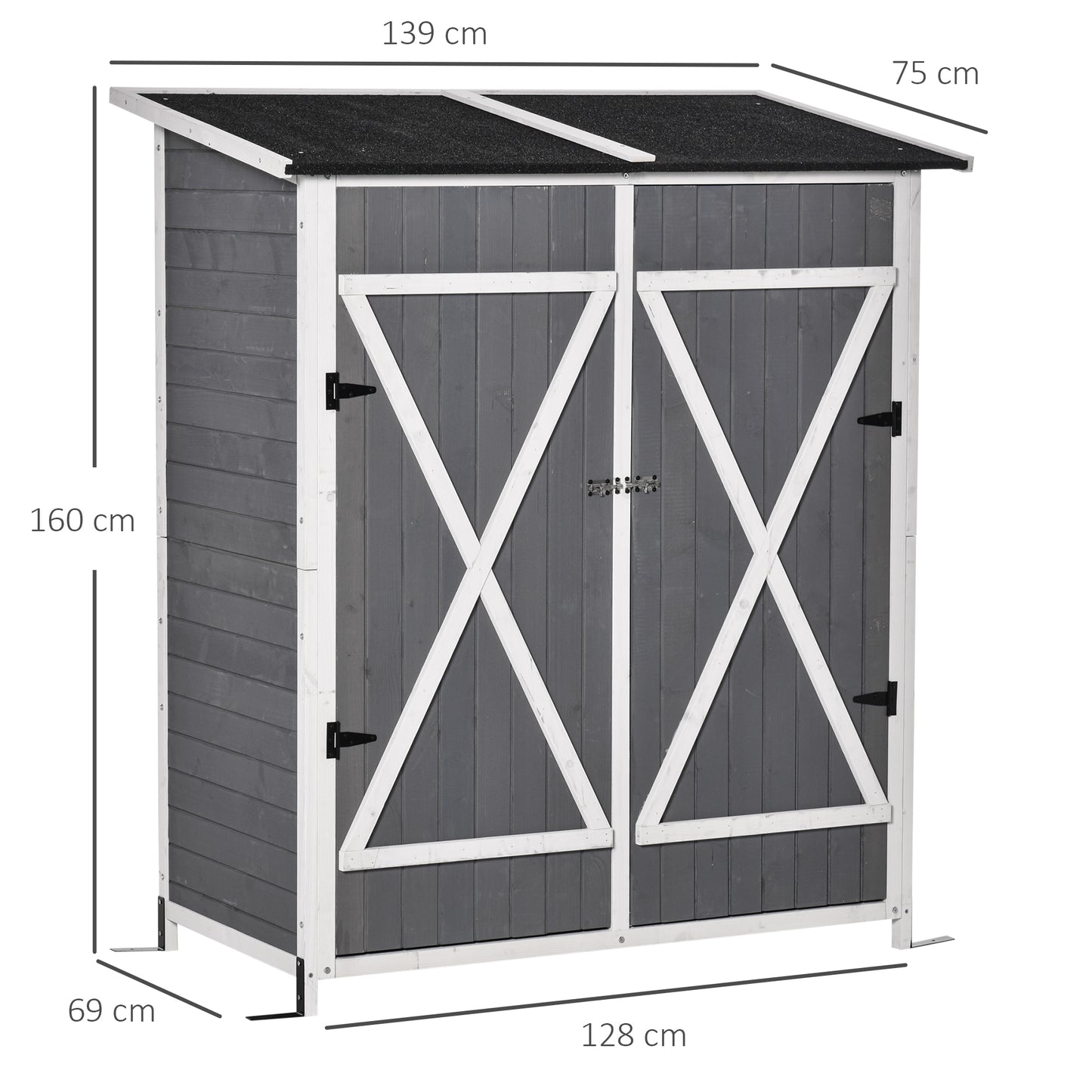 Garden Wood Storage Shed w/ Flexible Table, Hooks and Ground Nails, Multifunction Lockable Sheds Tool Organizer Dark Grey