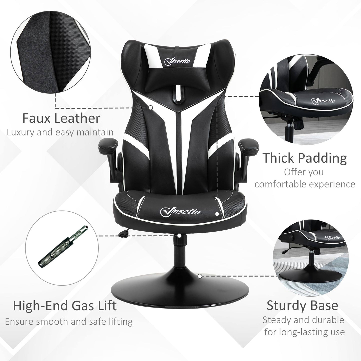 Comfy Gaming Chair, with Flip-up Armrests, 360° Swivel Base, Headrest, White