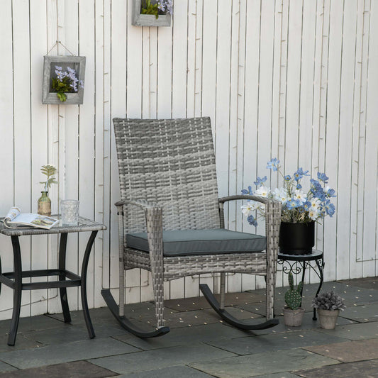 Outsunny Rattan Rocking Chair Rocker Garden Furniture Seater Patio Bistro Relaxer Outdoor Wicker Weave with Cushion - Light Grey 