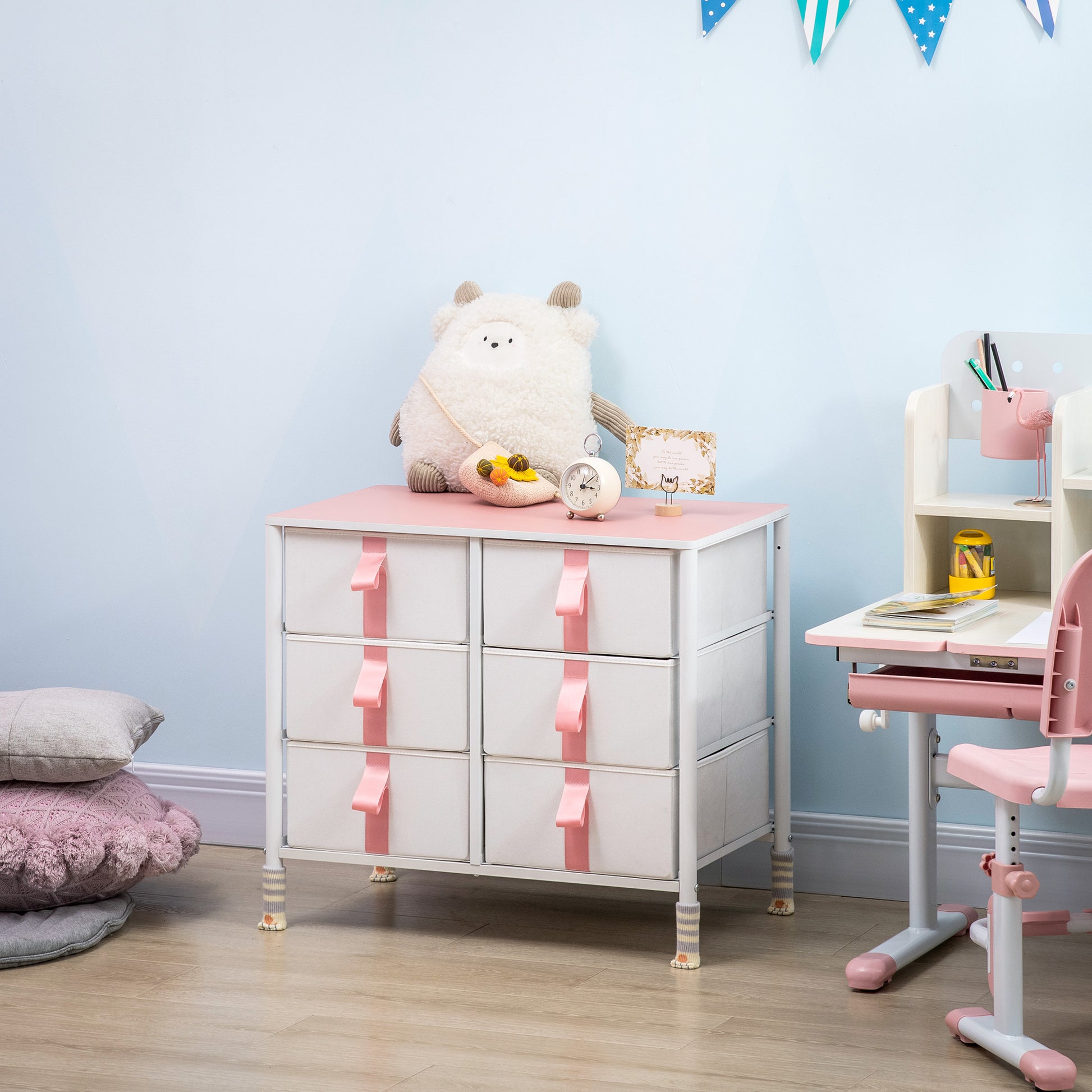 HOMCOM Pink Chest of Drawer, 6 Drawers, Cloth Organizer Unit, Fabric, Metal Frame and Wooden Top, for Kids Room, Living Room 