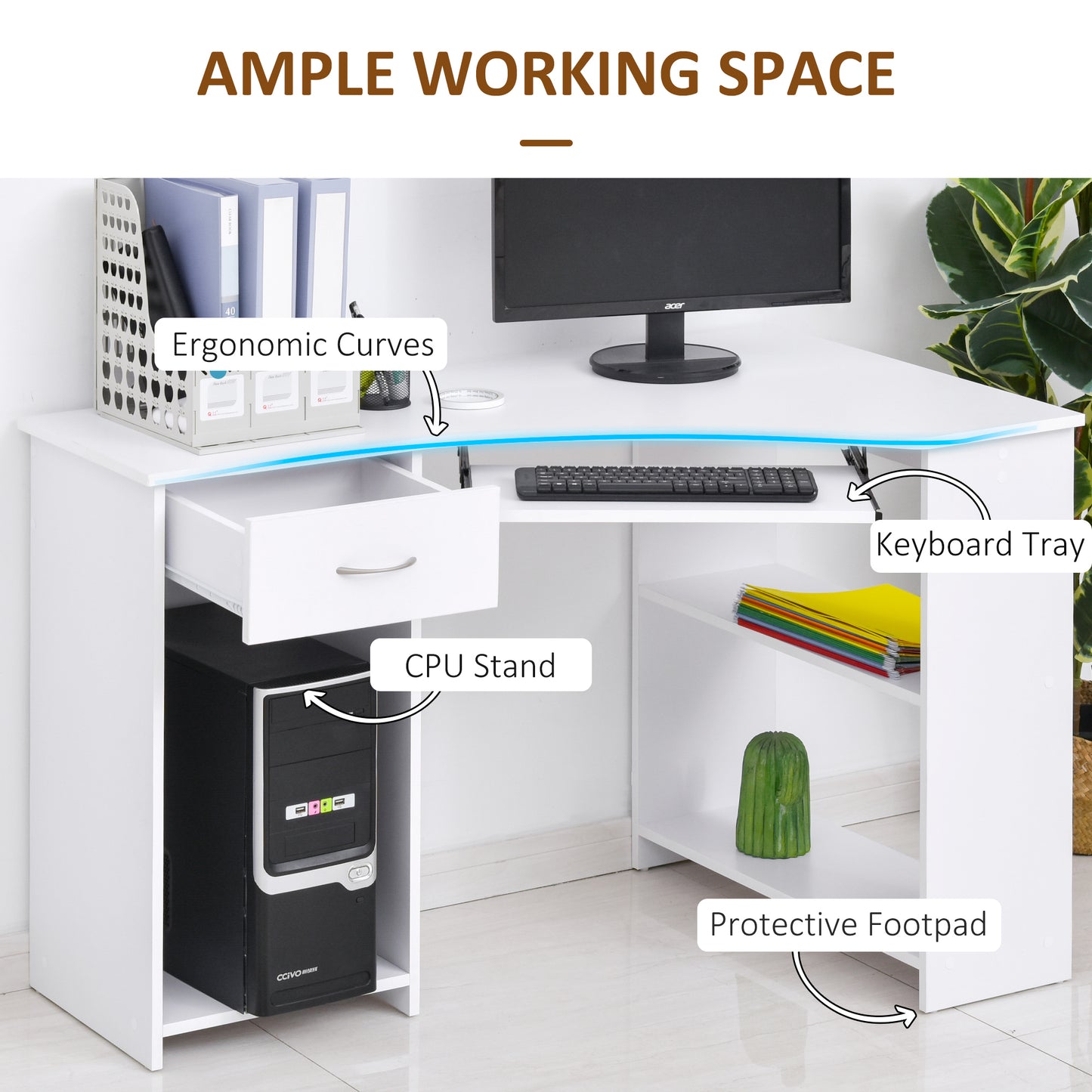 L-Shaped Corner Computer Desk & 2-Tier Side Shelves Wide Table Top with Keyboard Tray, Drawer & CPU Stand    Aosom IE