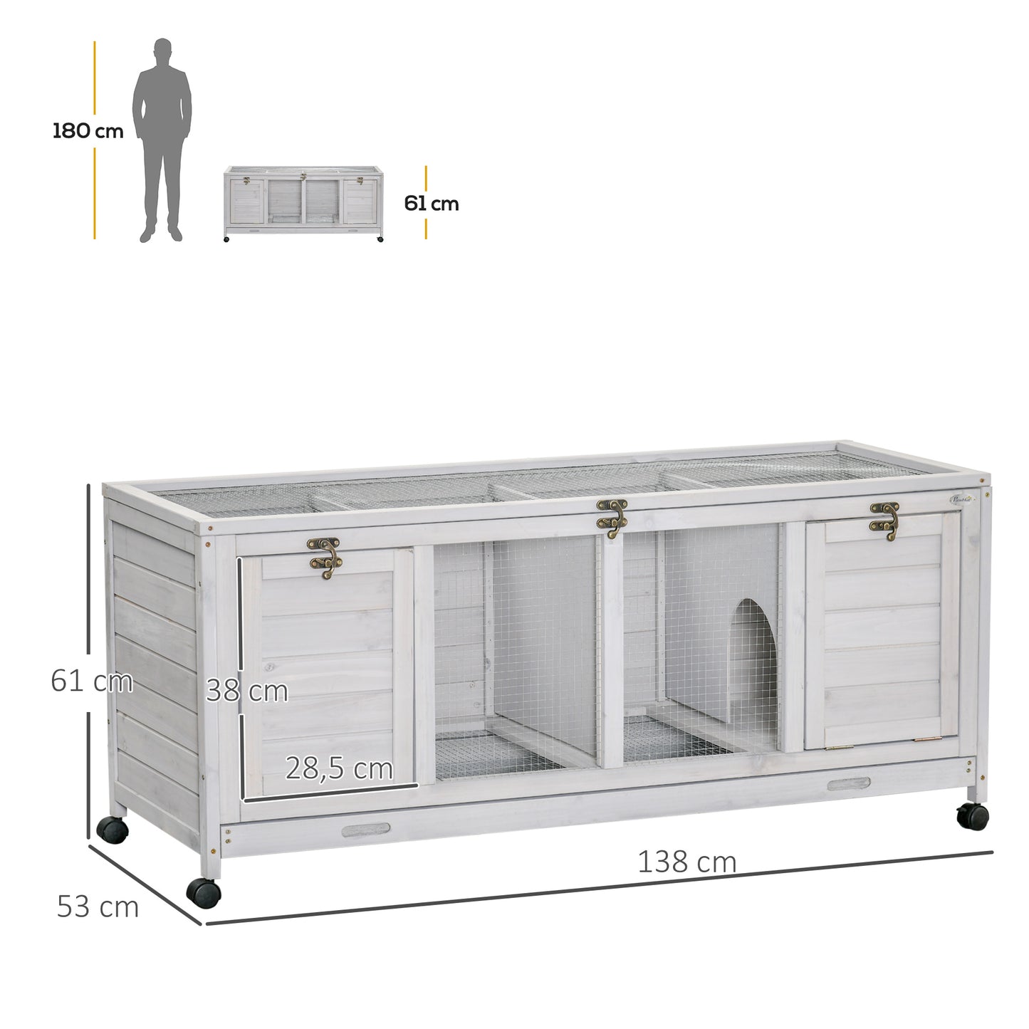 Bunny Cage, Wooden, Mobile Guinea Pig Cage, Separable Bunny Run, Small Animal House with Wheels, Slide-out Tray, 138 x 53 x 61cm, Light Grey