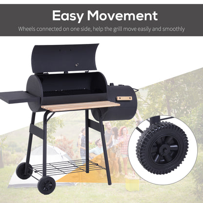 Portable Charcoal BBQ Grill, Cold-rolled Steel, Solid Wood, 124Lx53Wx108H cm-Black