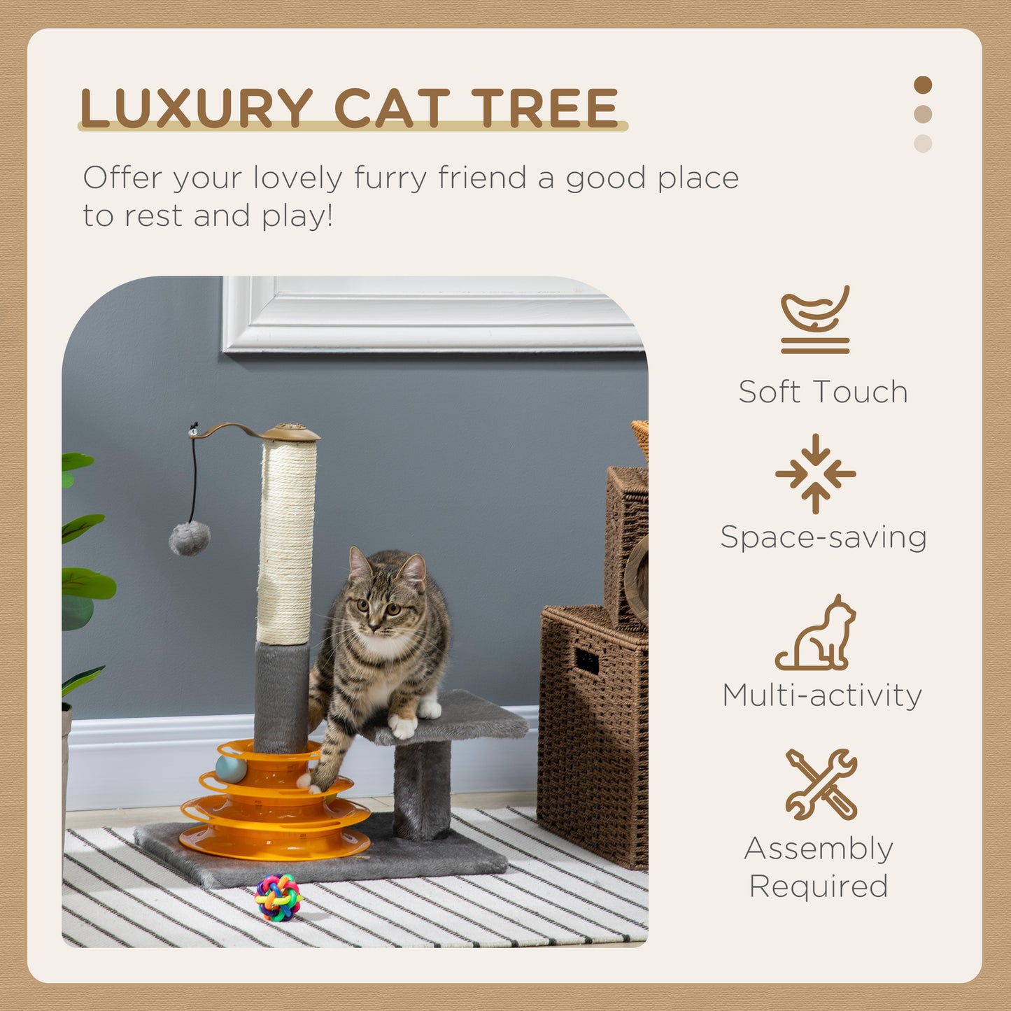 Cat Scratching Tree, for Kitten, w/Perch, Hanging Ball, Plush Fabric, Natural Sisal Post Toy, 56cm, Grey